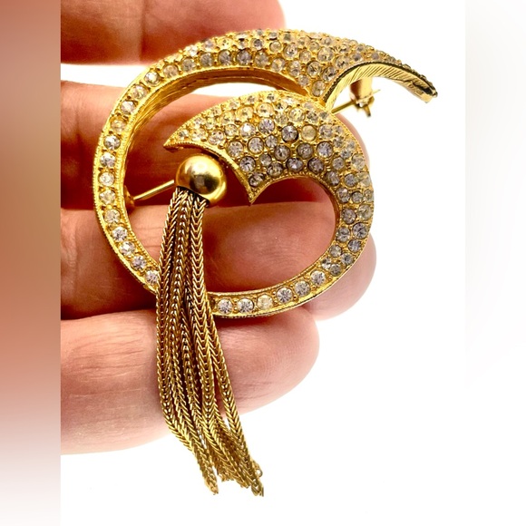 Vintage Gold Tone Brooch Pin with Tassel and Sparkling Pave Crystals